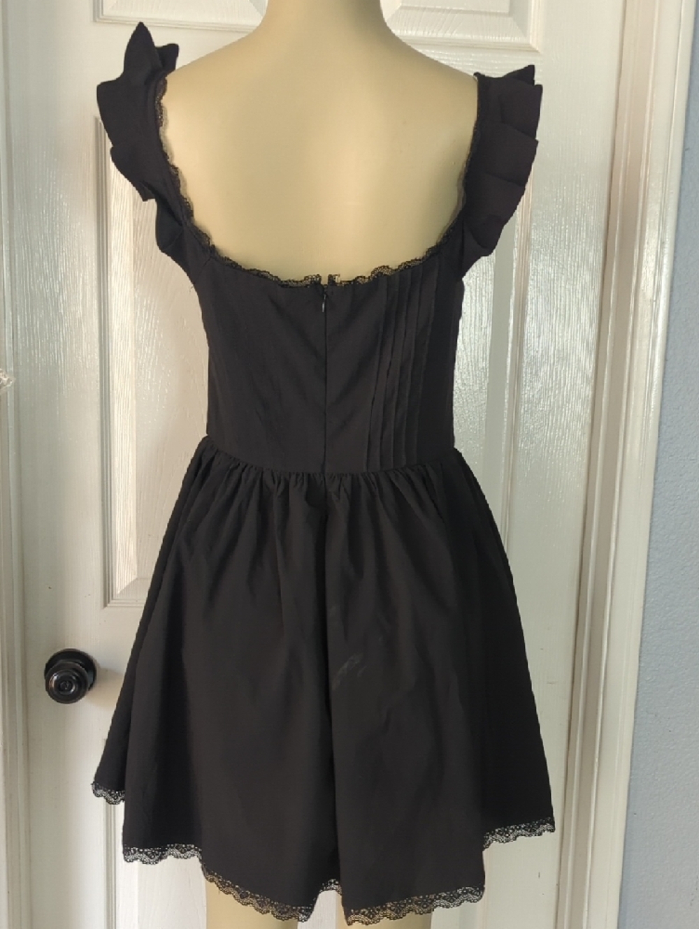 Black Ruffled Strap Mini Dress Pit To Pit 17 Inch Stretch - Picture 8 of 13